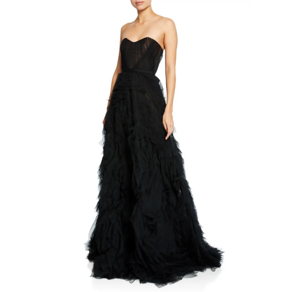 Marchesa Notte Strapless Textured Tulle Gown Corset Formal Black Tie Dress Black